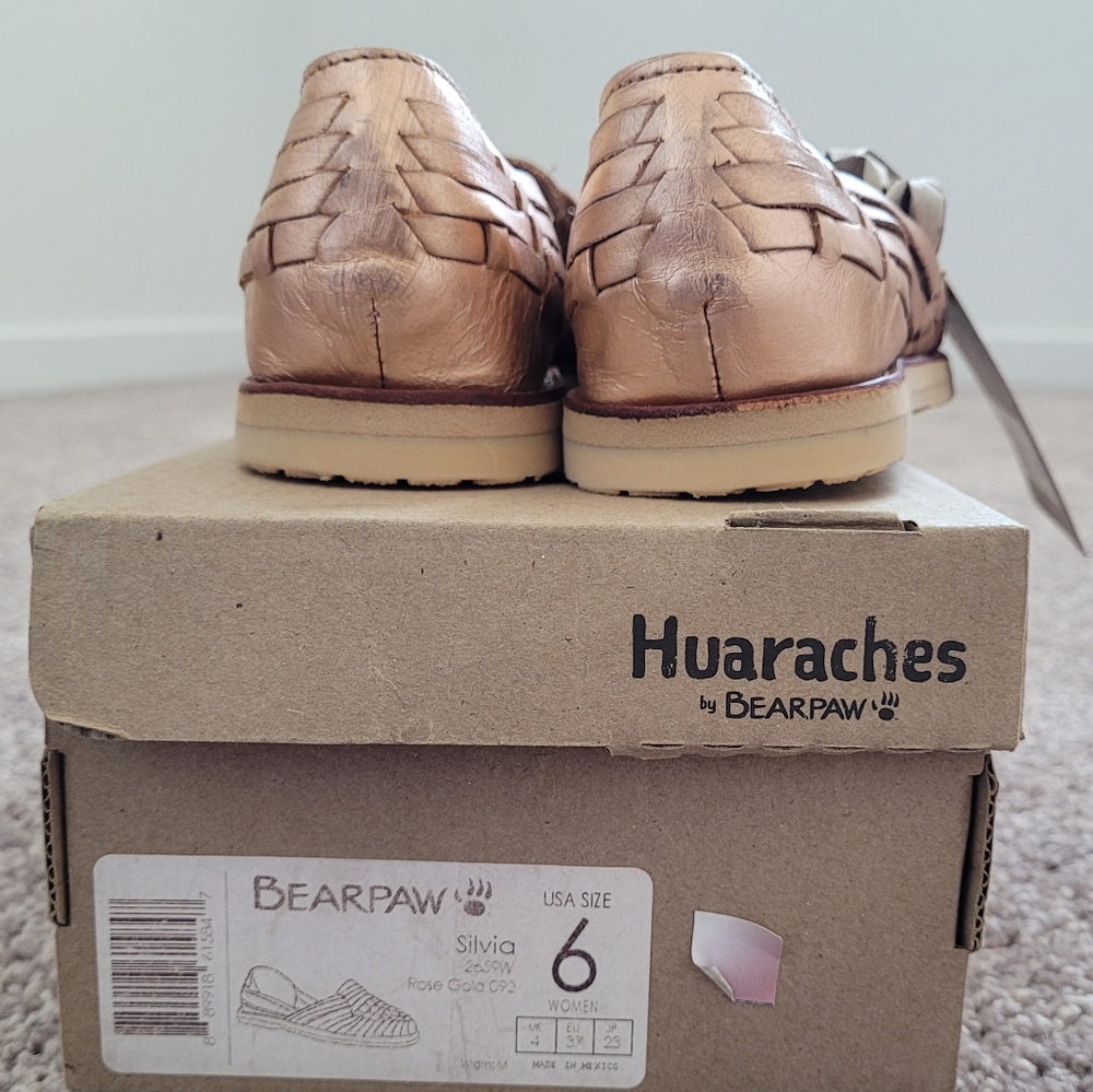 Bearpaw Huaraches Woven Leather Slip-On Womens Flats Metallic Rose Sandals Shoes - Picture 3 of 4